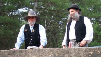 Capt. Side Burns (right) with Rawhide Rod during a safety briefing at Pemi Gulch.